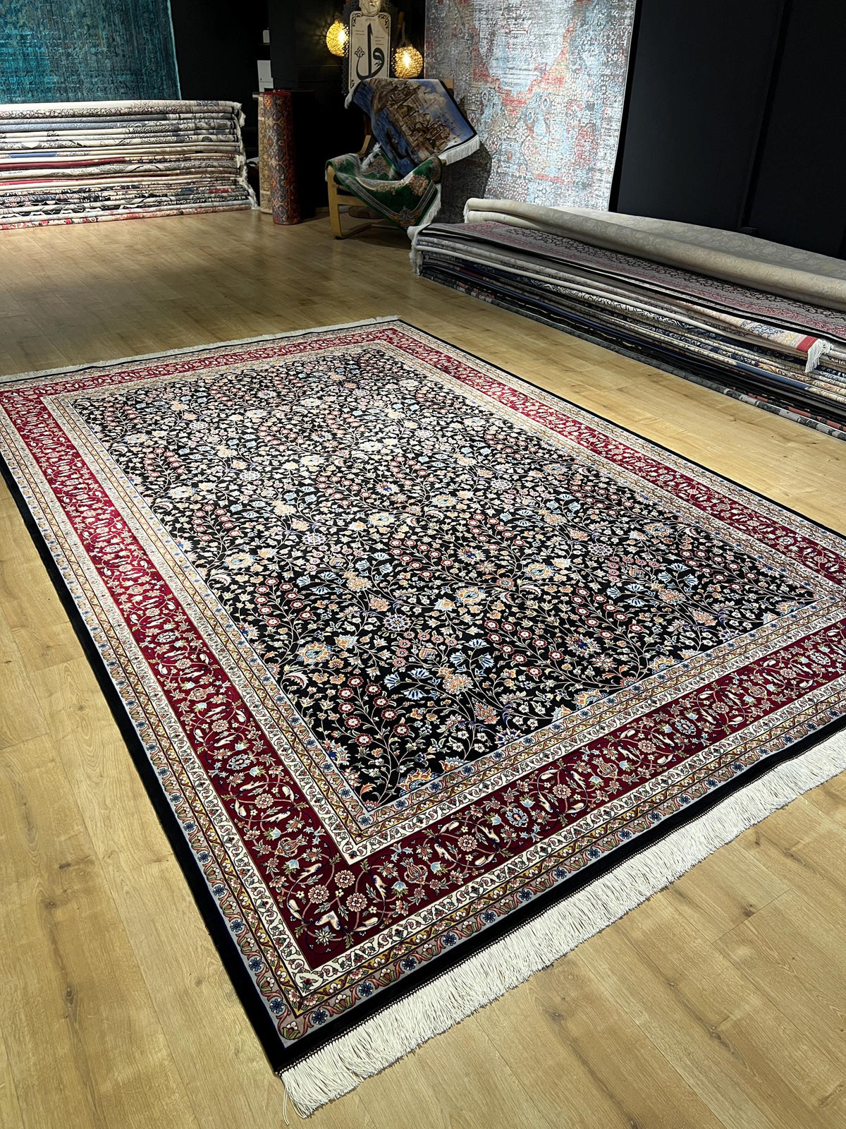 7x10 Ft Black Traditional Silk Rug With Red Border, Floral Classic Design