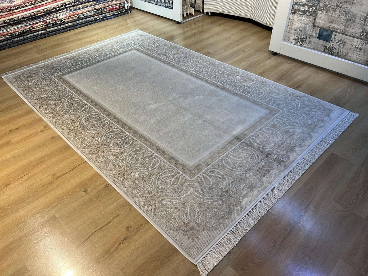 7x10 ft Cream Silk Rug, Grey Beige Border Design Modern Rug, Luxury Home Decor
