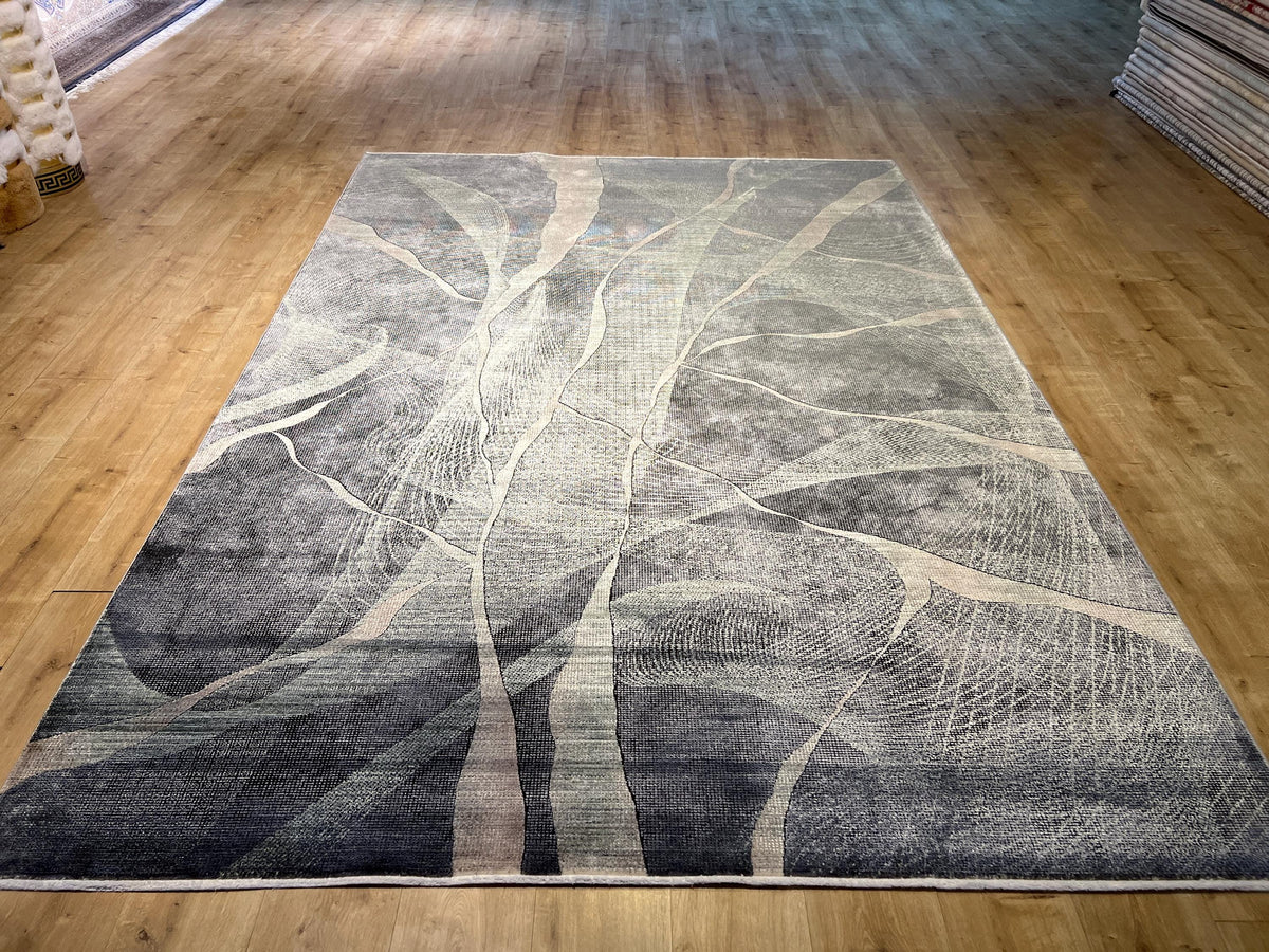 7x10 ft Gray Green Bamboo Rug with Abstract Modern Design