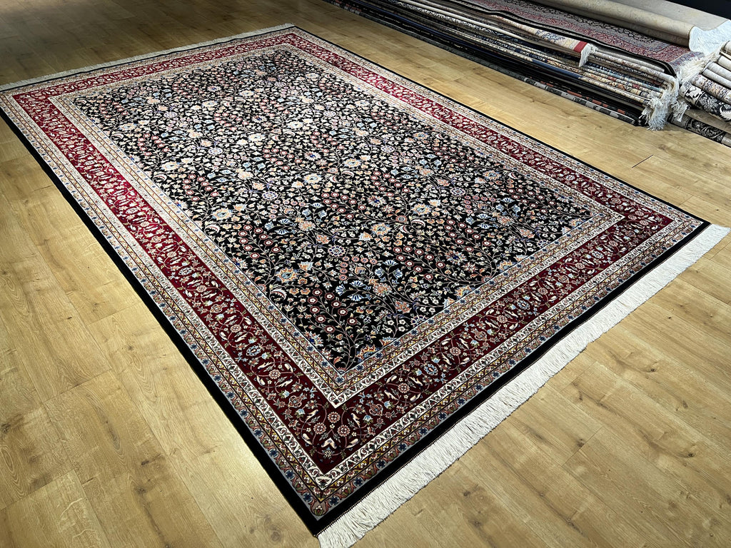 7x10 Ft Black Traditional Silk Rug With Red Border, Floral Classic Design