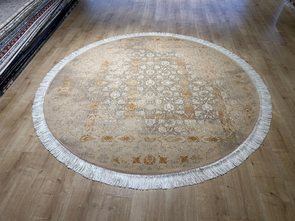 7x7 Ft Beige Gold Silk Rug, Distressed Floral Pattern Carpet