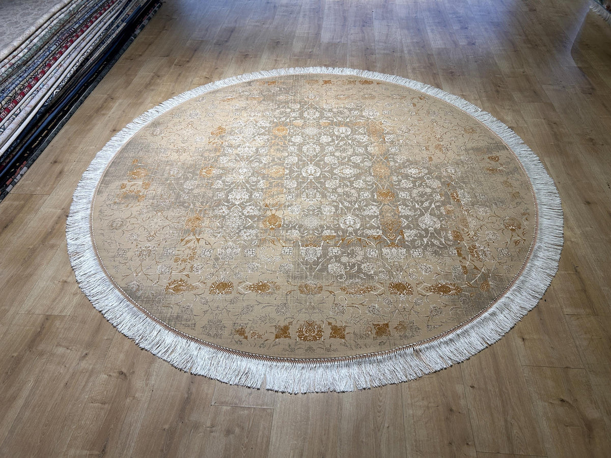 7x7 Ft Beige Gold Silk Rug, Distressed Floral Pattern Carpet