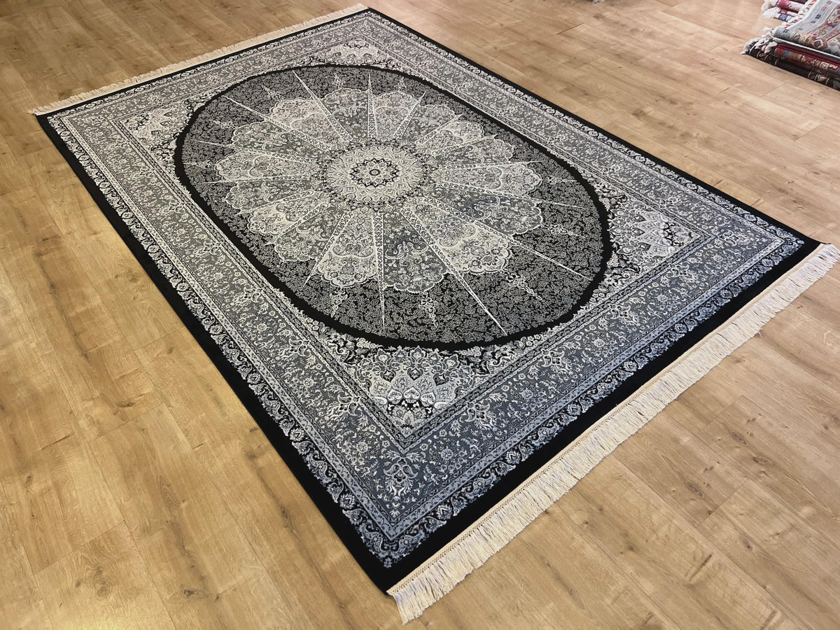 5x8 ft Black Silk Rug, Gray Medallion, Classic Turkish Style, Luxury Carpet