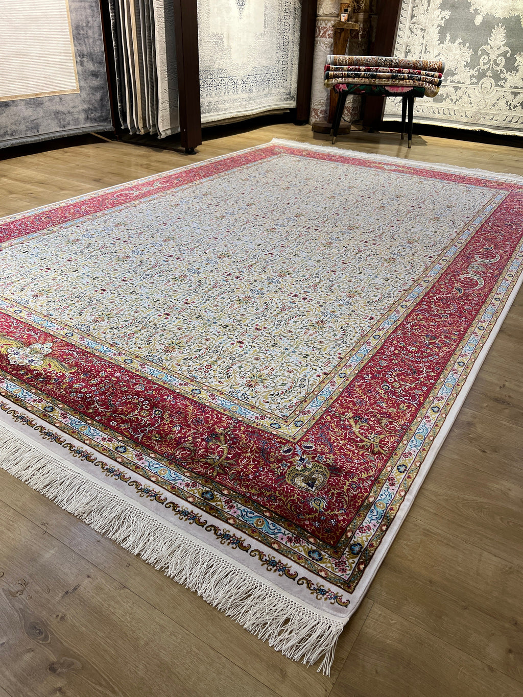Beige Red Modal Silk Rug 7x10 ft, Turkish Style Carpet