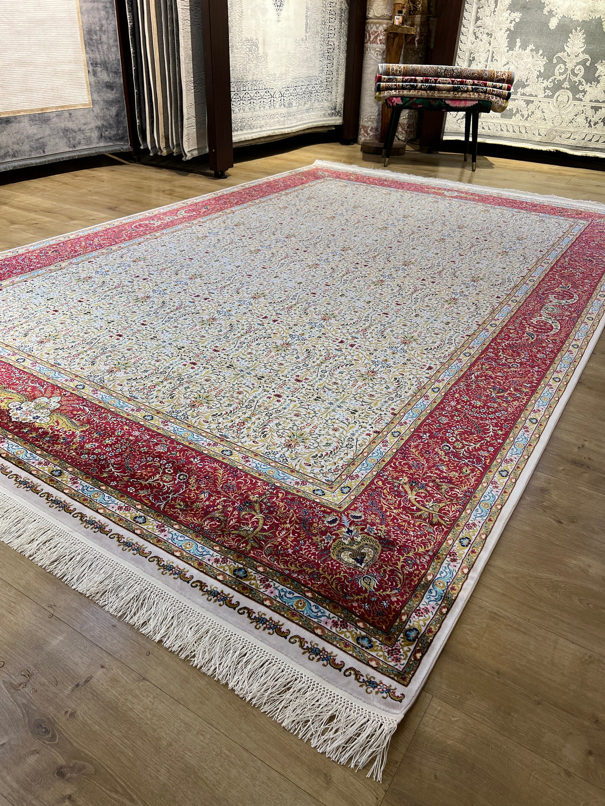 Beige Red Modal Silk Rug 7x10 ft, Turkish Style Carpet