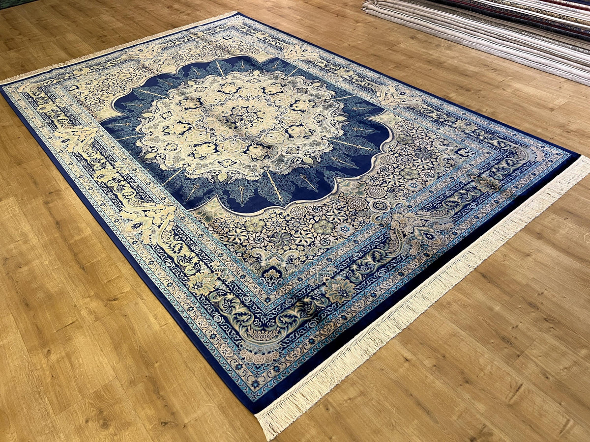 7x10 ft Luxury Blue Silk Area Rug, Classic Medallion Style, Oversize Rug