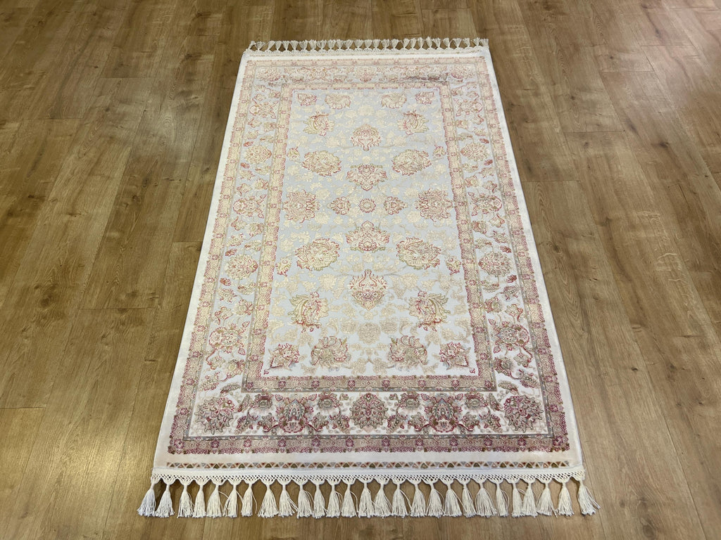 Ivory Silk Bamboo Rug with Gold Pattern and Framed Border, 3x5 ft, Classic Rug