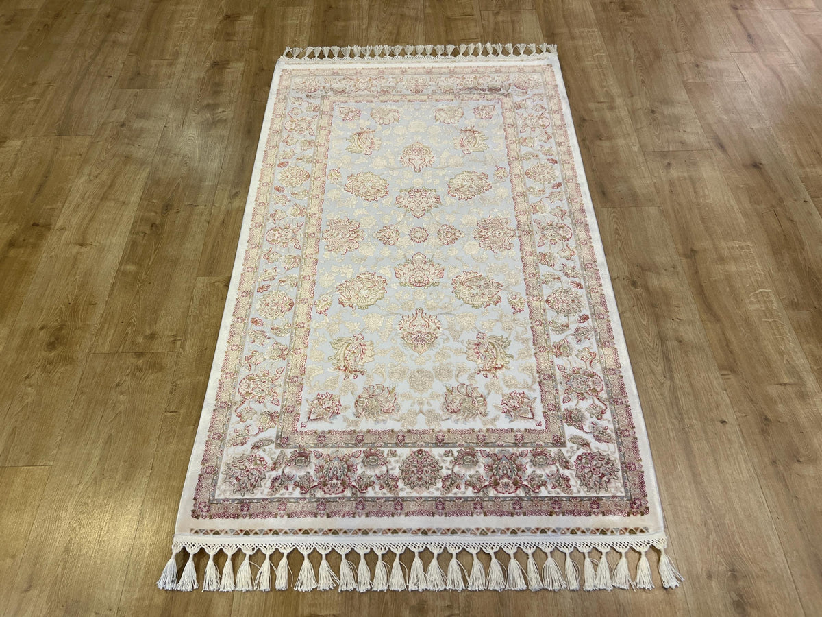 Ivory Silk Bamboo Rug with Gold Pattern and Framed Border, 3x5 ft, Classic Rug