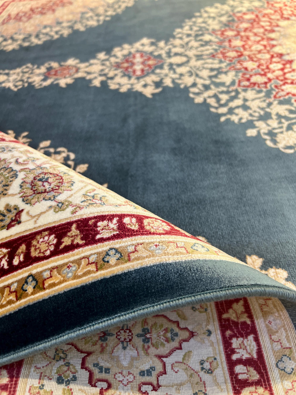 5x8 ft Blue Red Bamboo Silk Rug, Classic Medallion Rug