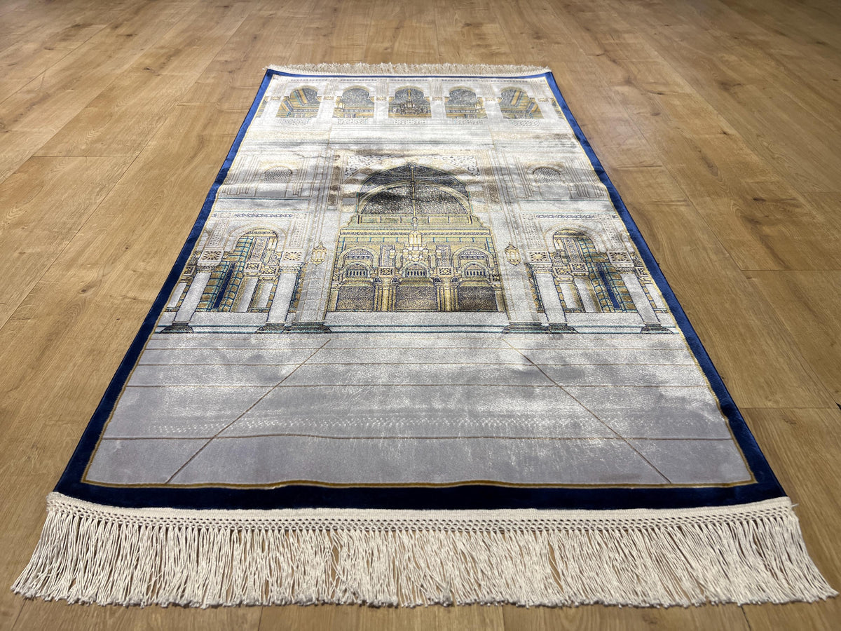 Gray Mosque Design Silk Prayer Rug with Blue Border
