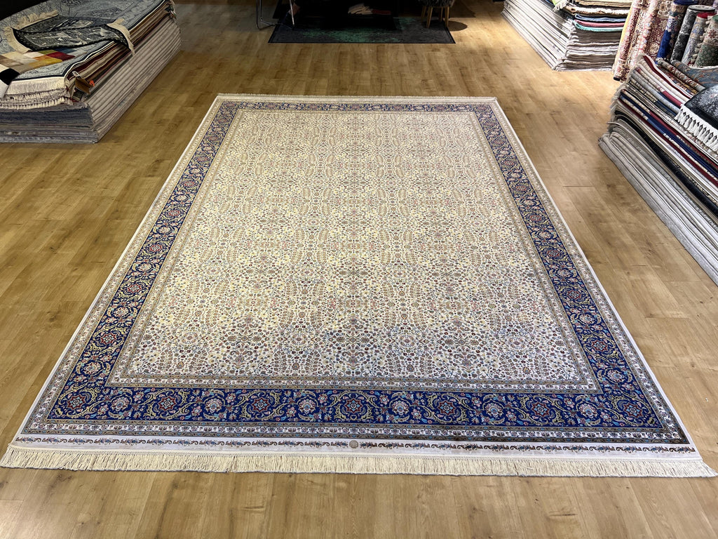 Ivory Blue Floral Silk Rug, Traditional Turkish Carpet, Luxury Home Decor