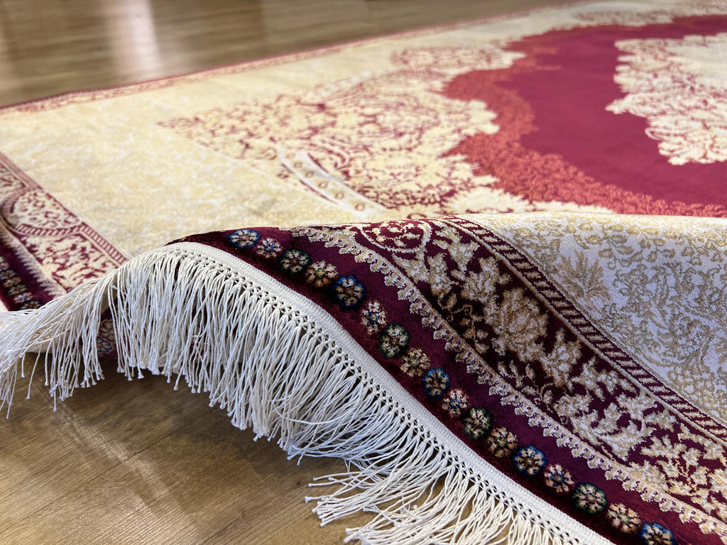 7x10 ft Red Silk Rug with Gold Medallion – Classic Turkish Style Luxury Carpet