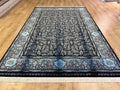 7x10 ft Elegant Silk Rug, Black Ground with Refined Blue Motifs