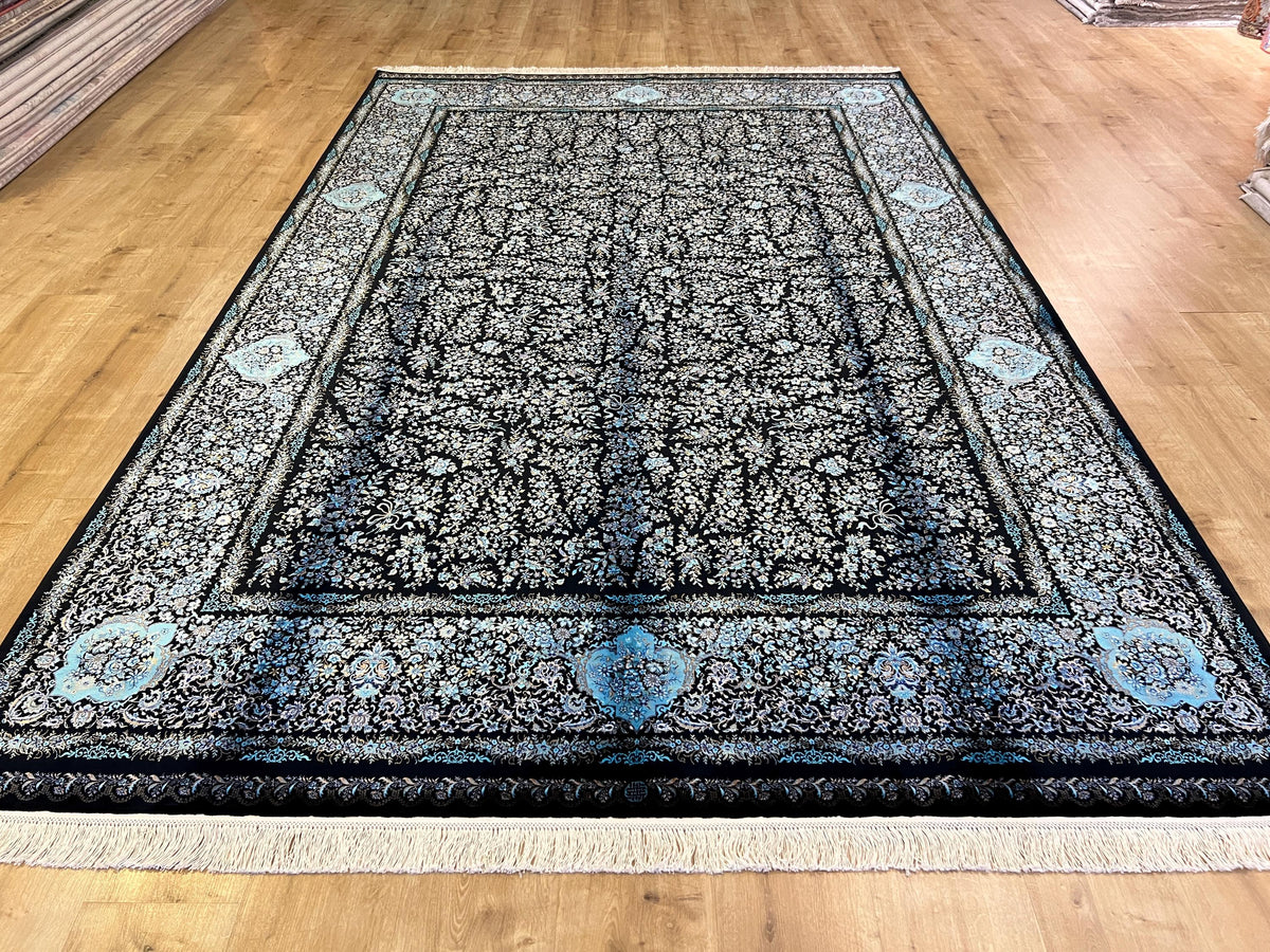 7x10 ft Elegant Silk Rug, Black Ground with Refined Blue Motifs