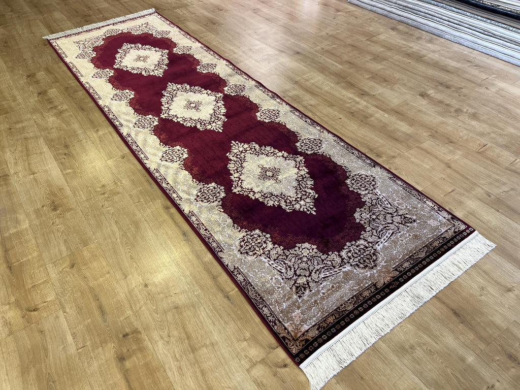 Red Gold Medallion Silk Rug, Turkish Carpet, 3x10 ft