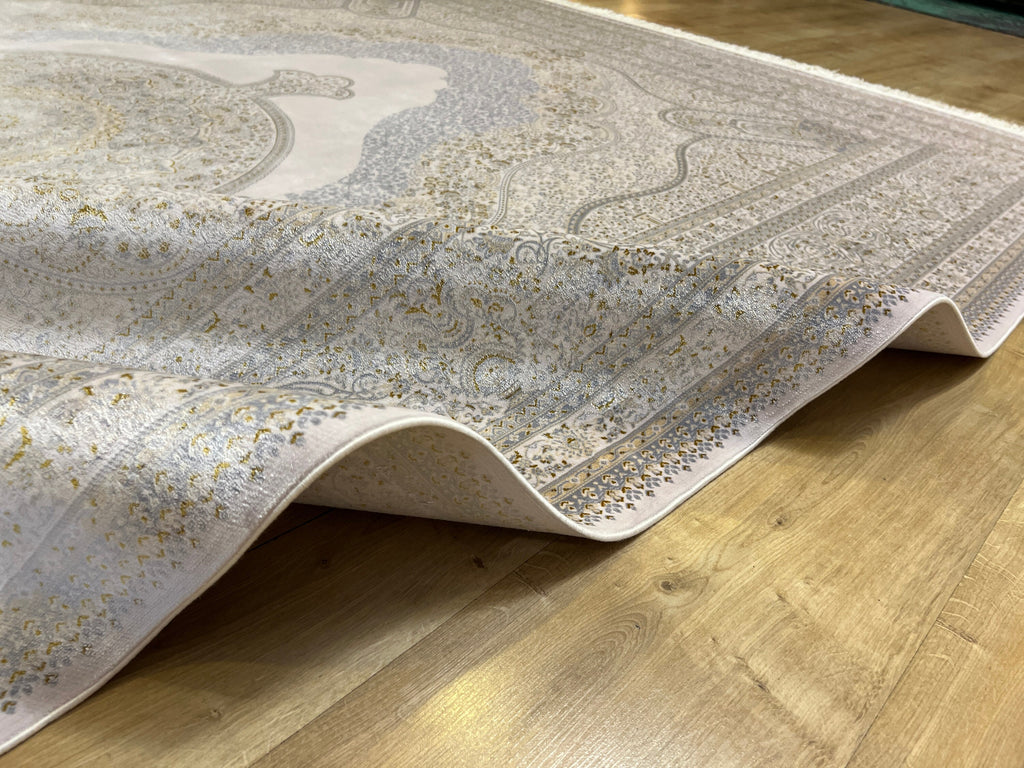 7x10 ft Ivory Silk Rug with Grey Gold Medallion, Luxury Classic Floral Design
