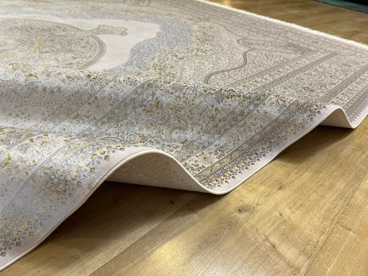 7x10 ft Ivory Silk Rug with Grey Gold Medallion, Luxury Classic Floral Design