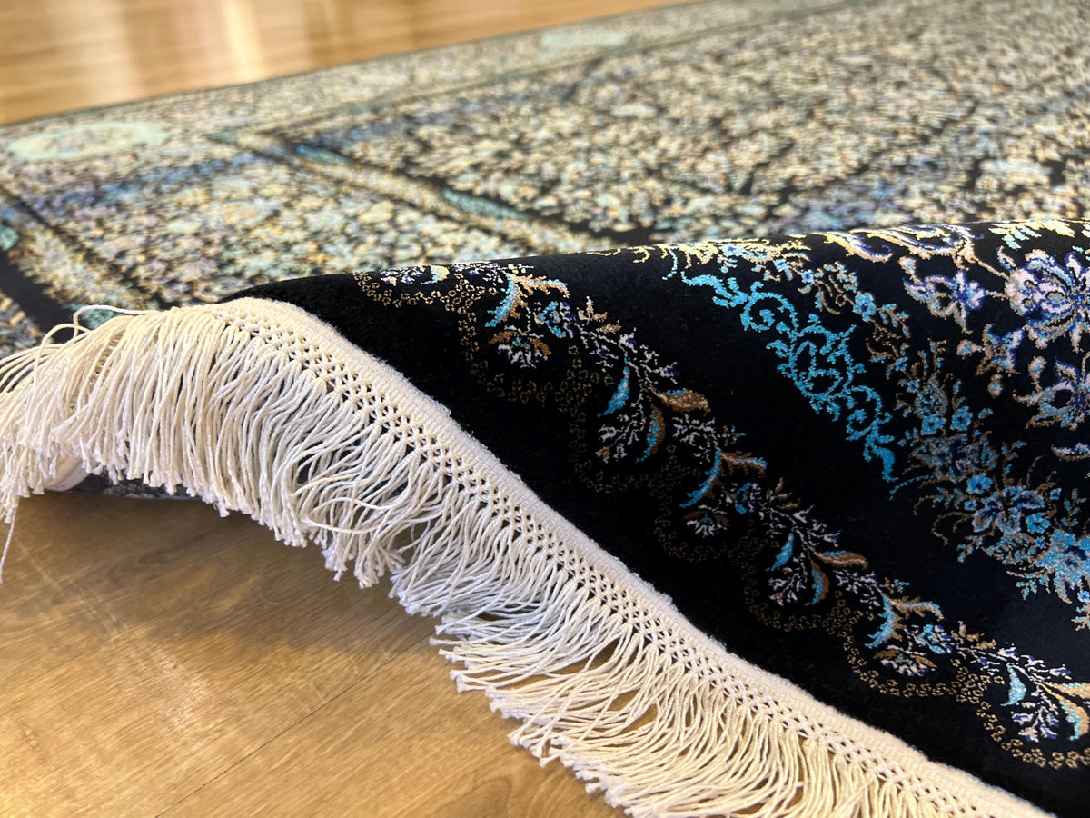 7x10 ft Elegant Silk Rug, Black Ground with Refined Blue Motifs
