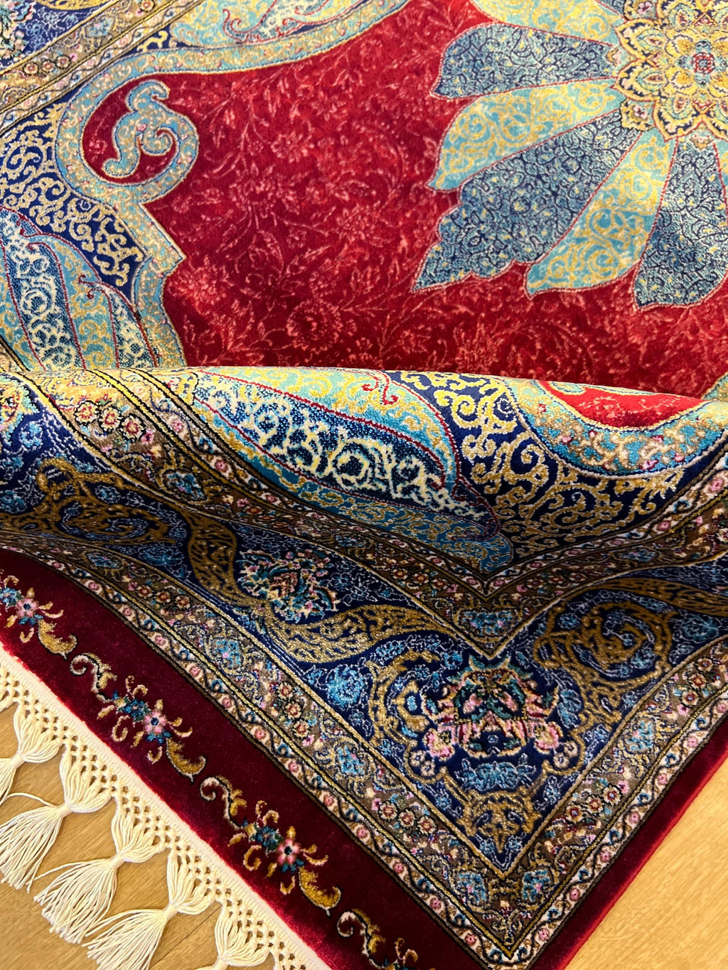 Red Silk Rug with Blue Medallion Pattern, Small Silk Carpet