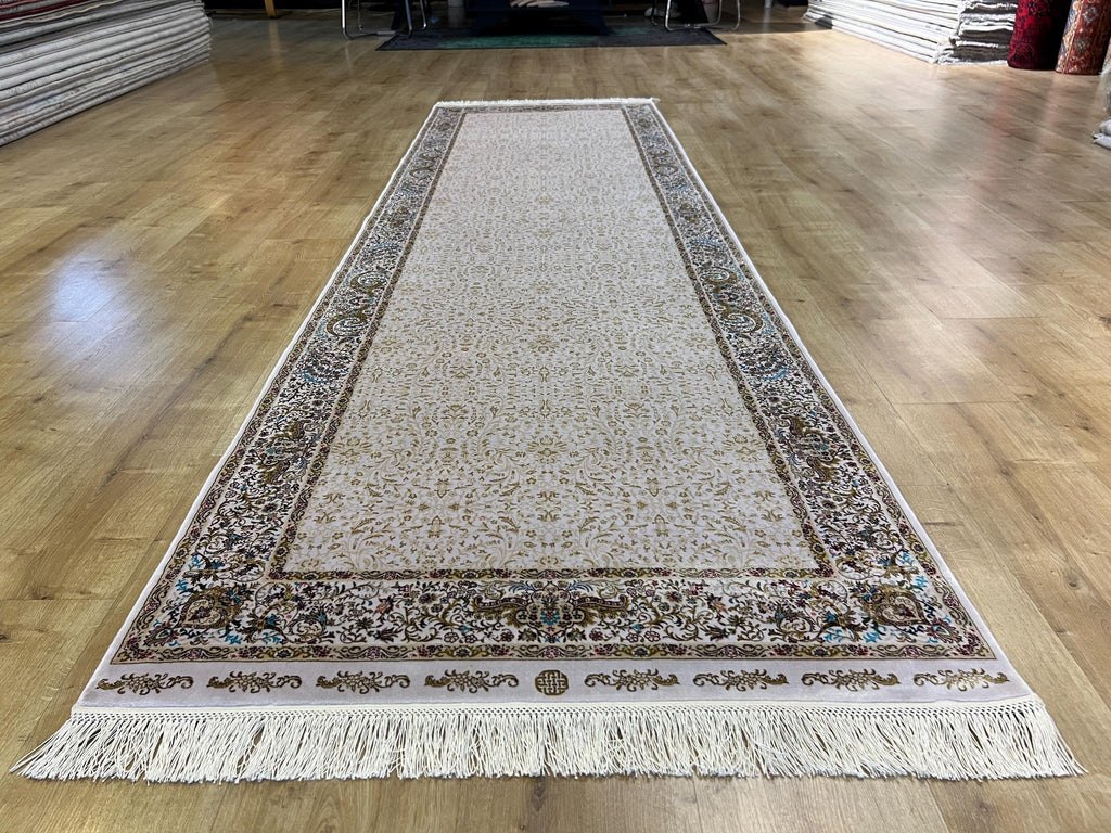 Cream Gold Silk Turkish Rug, 3x10 ft, Luxury Hallway Rug