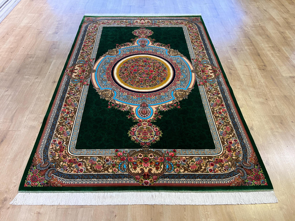 Luxury Green Silk Rug With Floral Border and Medallion