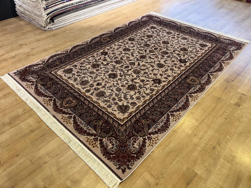 7x10 ft Ivory Silk Rug, Gold Floral and Red Border Silk Carpet, Classic Design