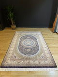 5x8 Ft Dark Navy Blue Medallion Silk Bamboo Area Rug, Classic Turkish Silk Carpet