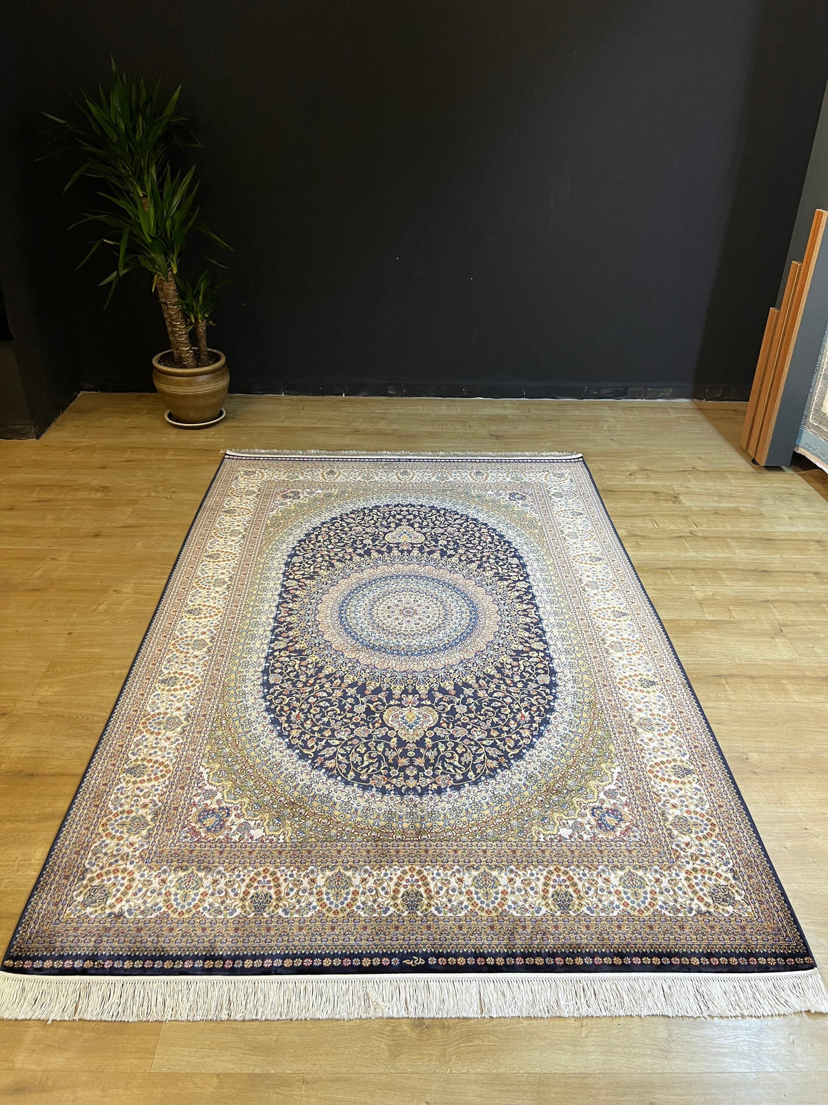 5x8 Ft Dark Navy Blue Medallion Silk Bamboo Area Rug, Classic Turkish Silk Carpet