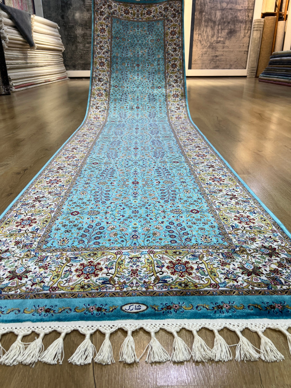 Blue Beige Modal Silk Rug, Turkish Carpet 3x10 ft, Luxury Home Decor