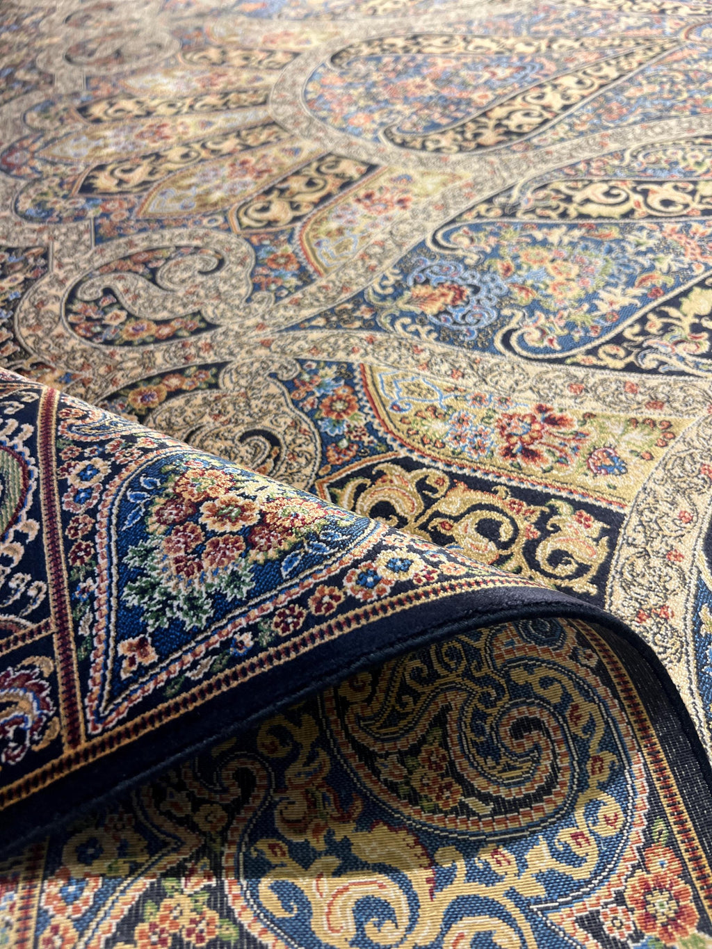7x10 ft Blue Gold Silk Rug, Classic Turkish Carpet, Luxury Floral Design, Area Rug