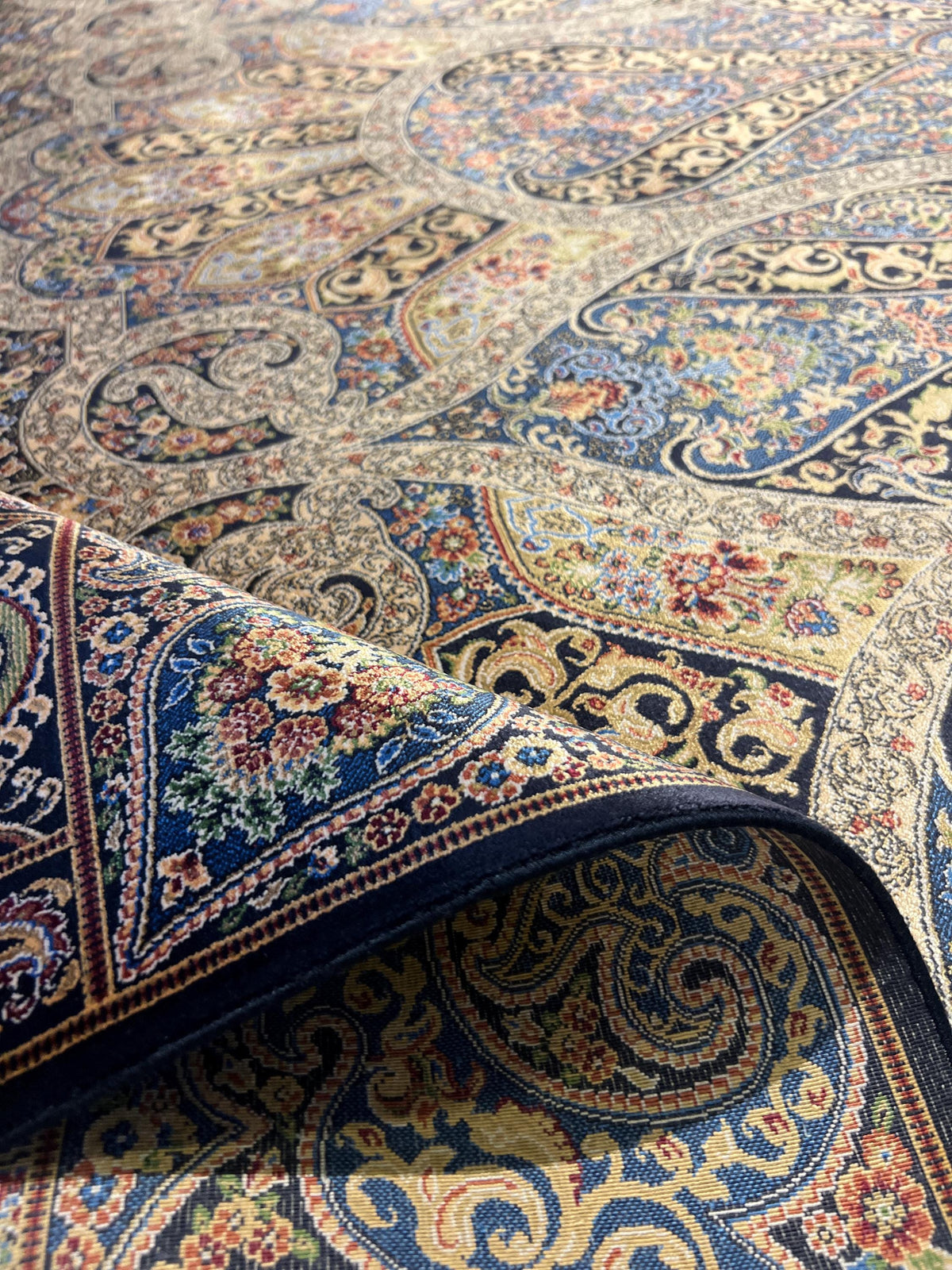 7x10 ft Blue Gold Silk Rug, Classic Turkish Carpet, Luxury Floral Design, Area Rug