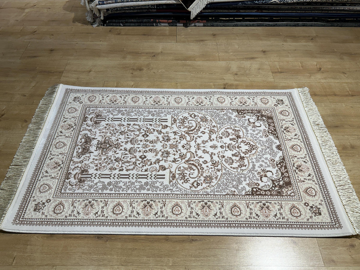 2.55x4.10 Ft Ivory Beige Brown Silk Prayer Rug, Muslim Gift Prayer Mat