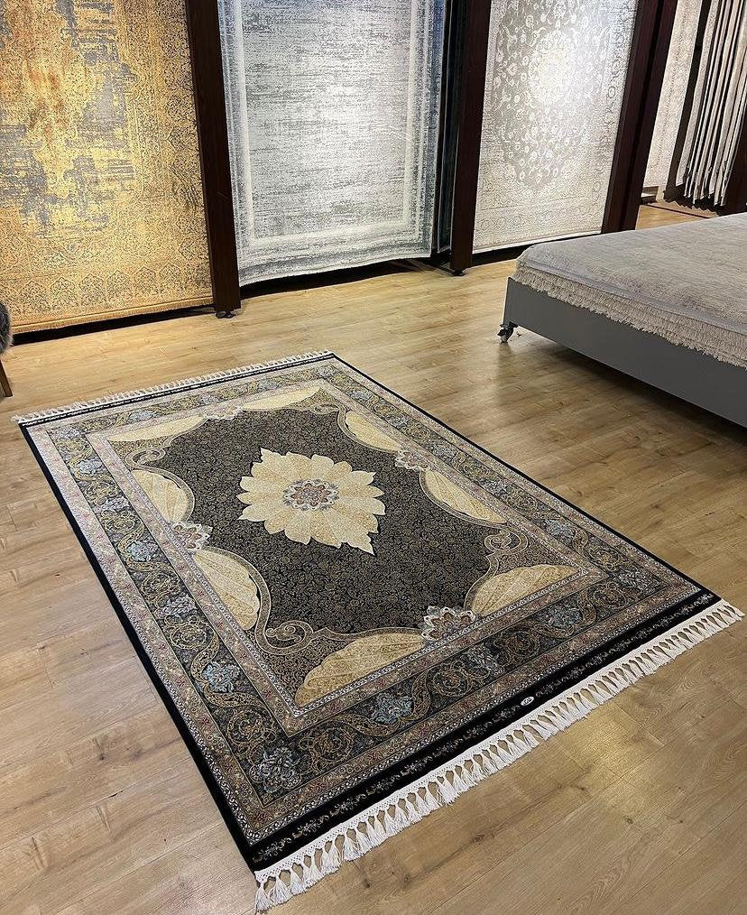 Black Gold Modal Silk Rug, Classic Turkish Style, Medallion Pattern
