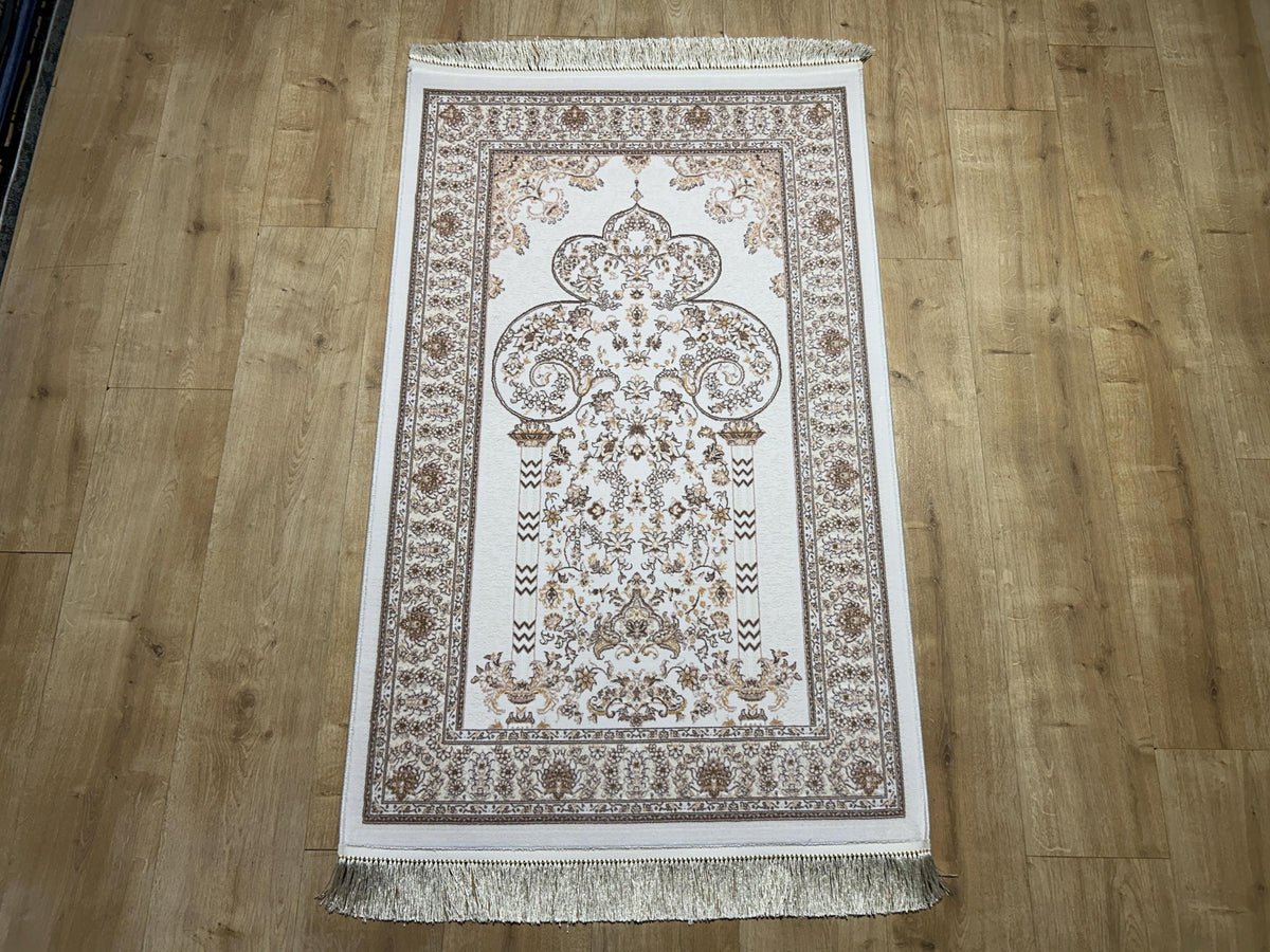 2.55x4.10 Ft Ivory Brown Silk Prayer Rug, Muslim Gift Prayer Mat