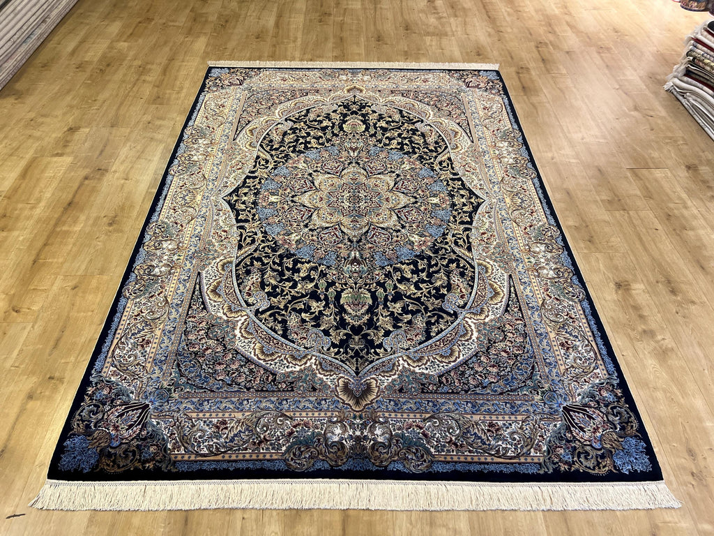 5x8 ft Black Blue Silk Carpet, Luxury Turkish Home Decor, Medallion Silk Rug