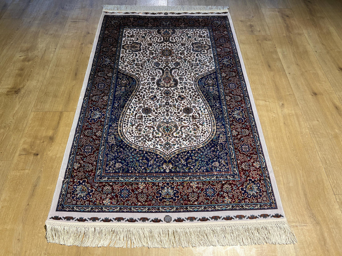 Silk Prayer Rug, Red Blue Muslim Gift Mat, Janamaz Rug 2.62x4.10 ft