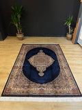 5x8 Blue Silk Rug, Classic Turkish Carpet, Medallion Design, Luxury Rug