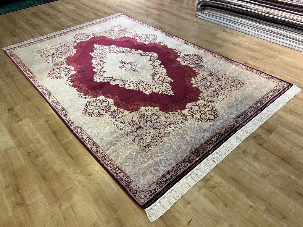 7x10 ft Red Silk Rug with Gold Medallion – Classic Turkish Style Luxury Carpet