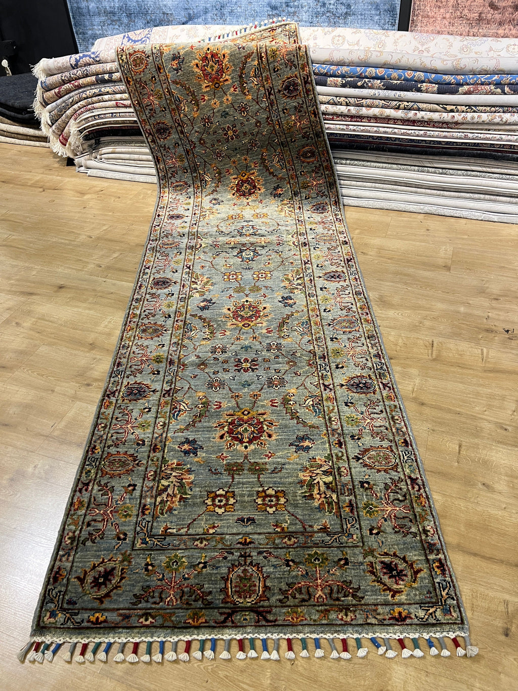 Blue Wool Rug, Traditional Turkish Style, 2.75x9.77 Ft