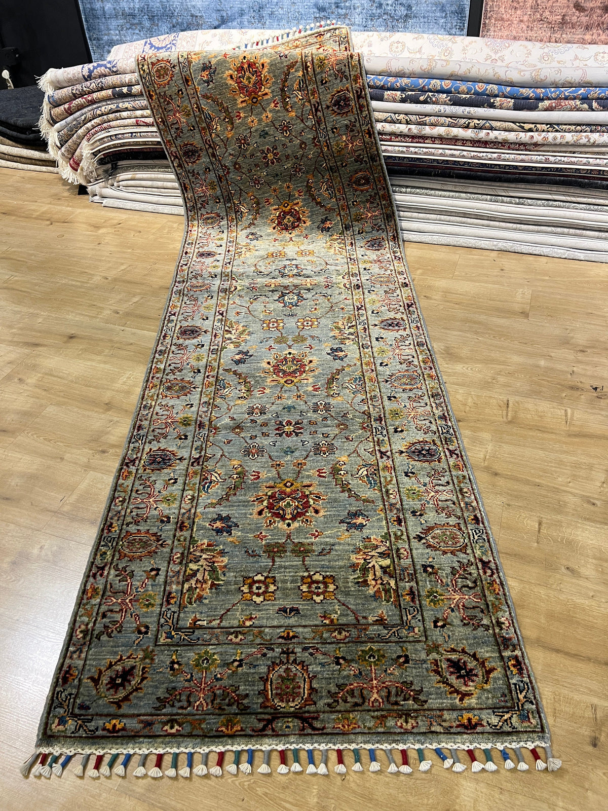 Blue Wool Rug, Traditional Turkish Style, 2.75x9.77 Ft