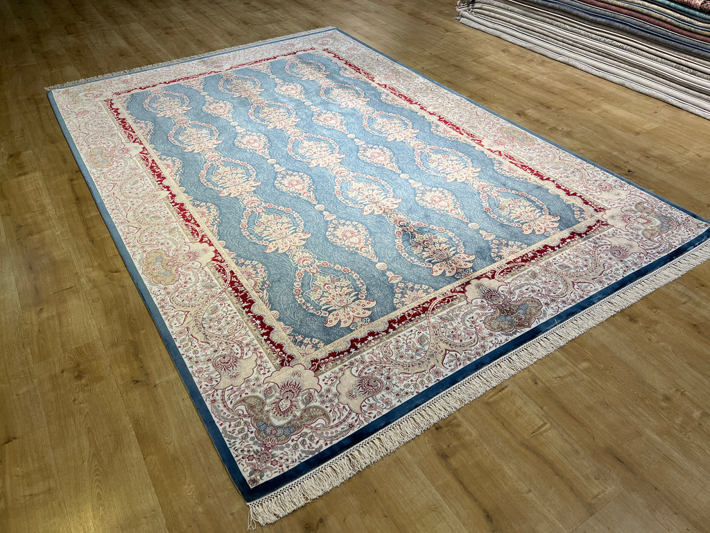 7x10 ft Blue Gold Silk Rug, Framed Classic Design, Turkish Style Carpet