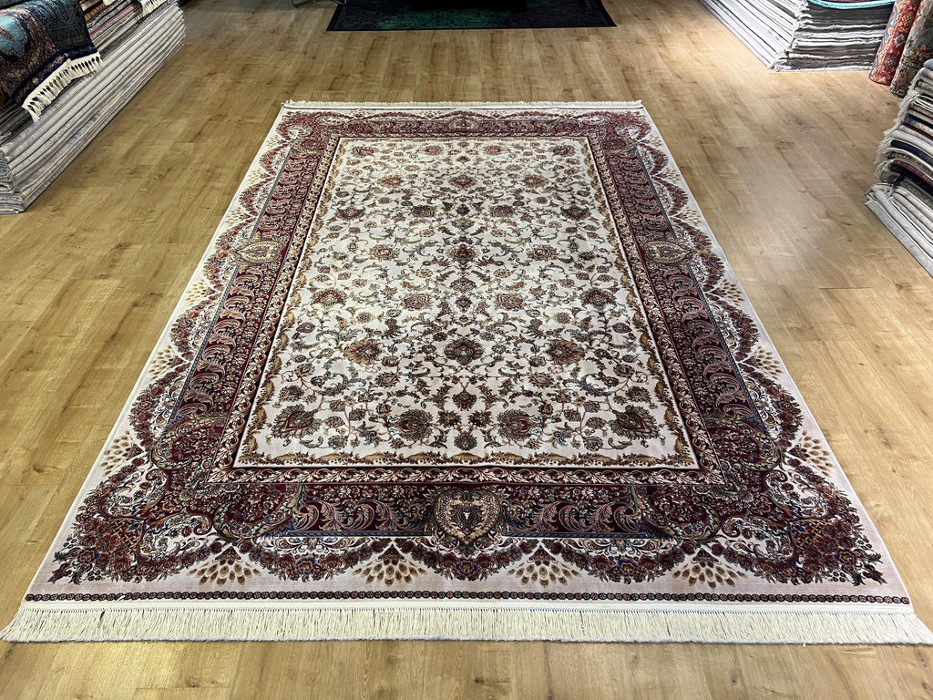 7x10 ft Ivory Silk Rug, Gold Floral and Red Border Silk Carpet, Classic Design