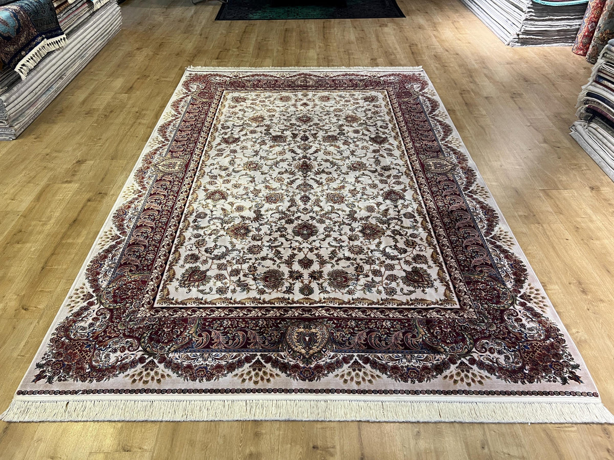 7x10 ft Ivory Silk Rug, Gold Floral and Red Border Silk Carpet, Classic Design