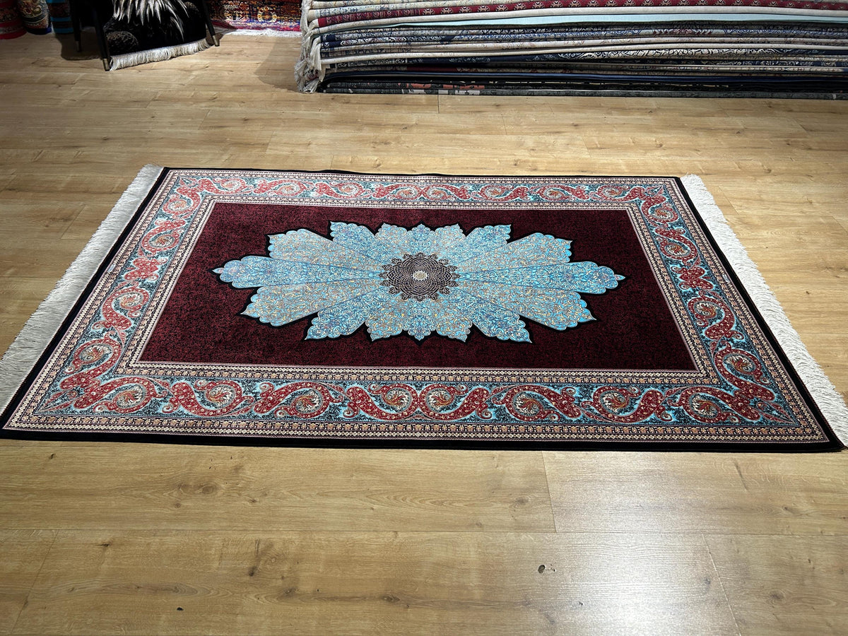 4x6 ft Red Silk Rug, Blue Medallion Design, Classic Turkish Style Carpet, Luxury Rug
