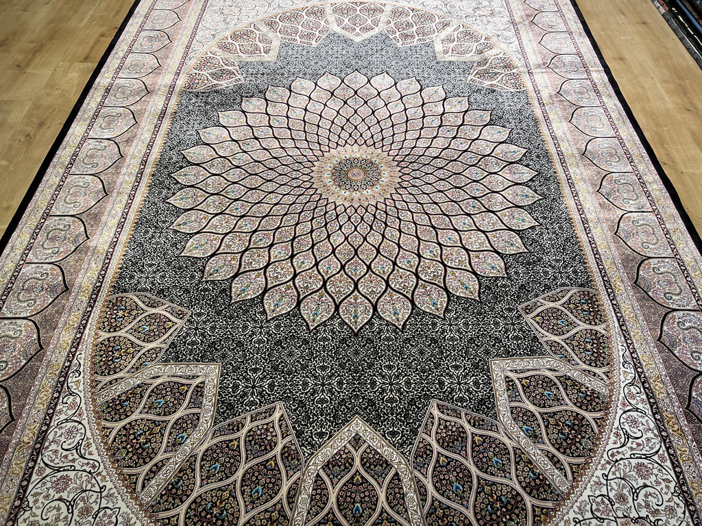 Black Silk Rug, Ivory Medallion Floral Design, Luxury Classic Carpet