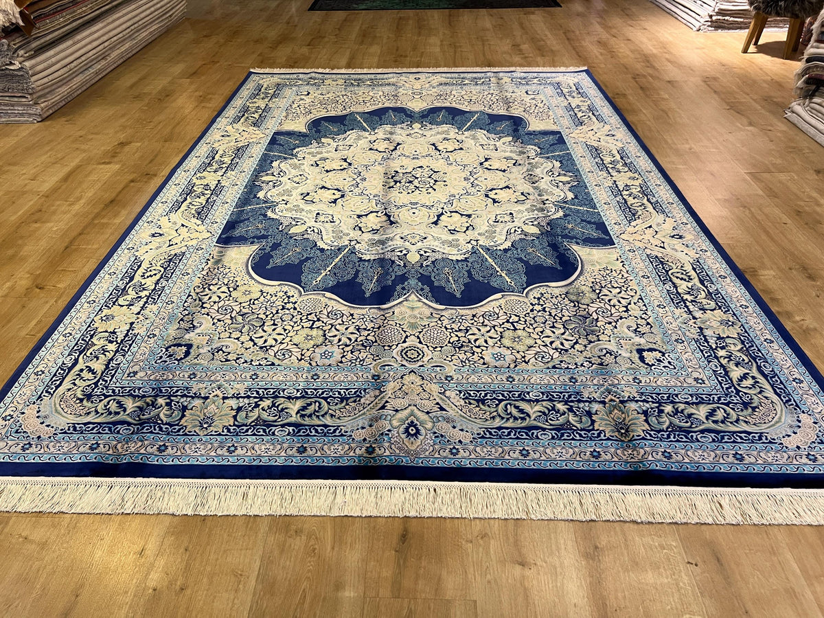 7x10 ft Luxury Blue Silk Area Rug, Classic Medallion Style, Oversize Rug