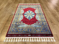 Red Silk Rug with Blue Medallion Pattern, Small Silk Carpet