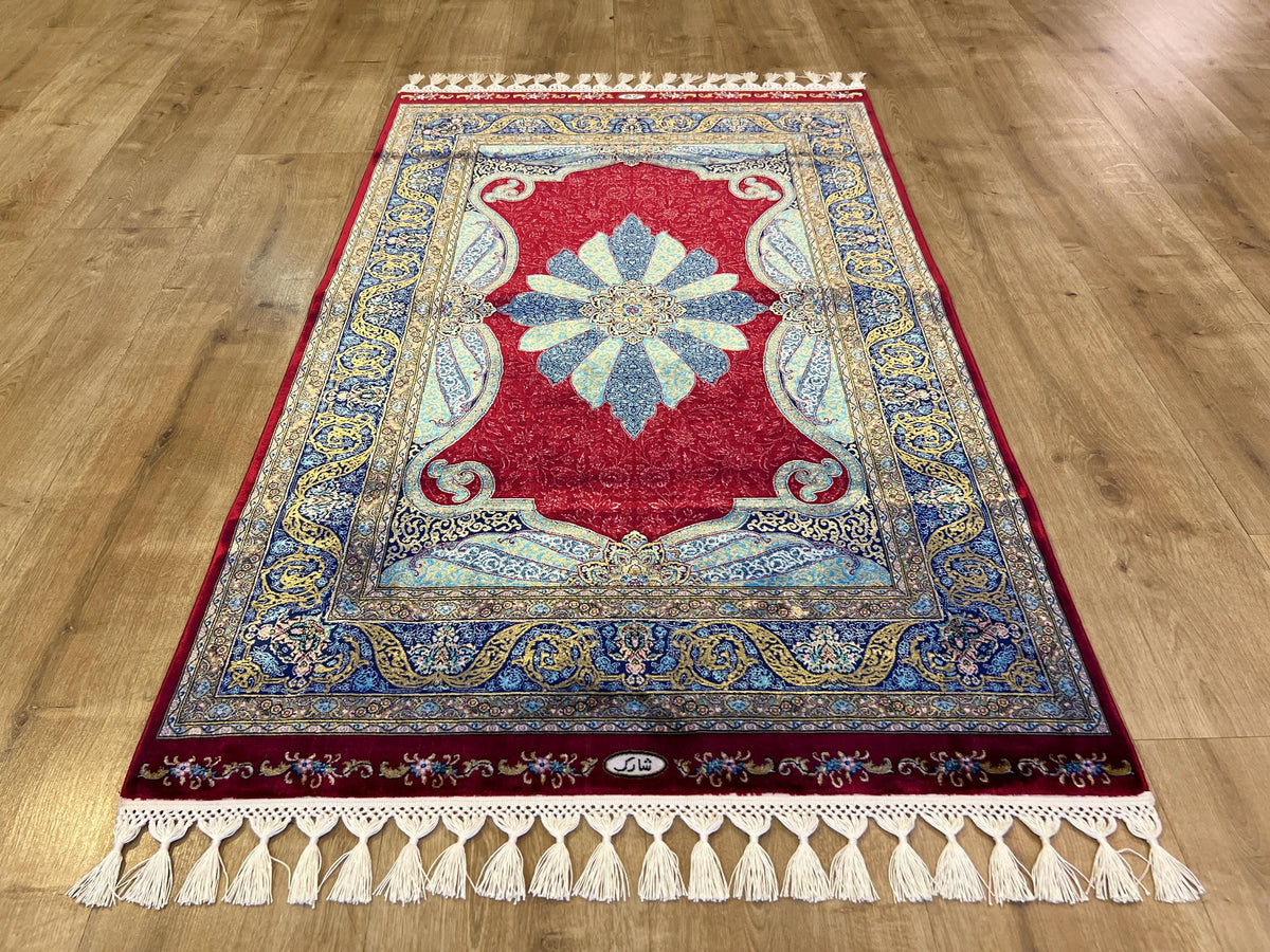 Red Silk Rug with Blue Medallion Pattern, Small Silk Carpet