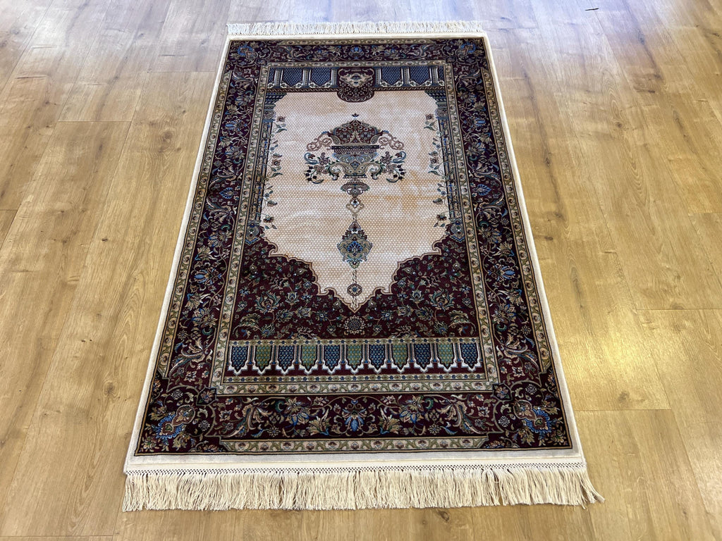 Silk Prayer Rug, Red Cream Muslim Gift Mat, Janamaz Rug 2.62x4.10 ft