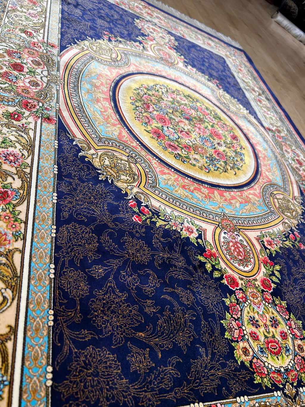 Navy Blue Silk Rug, Gold Floral Medallion Design, Classic Luxury Rug
